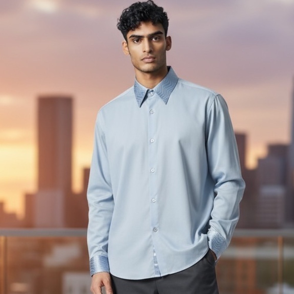 Gian Mario Mens 2X Blue Wavy Pattern Collar Long Sleeve‎ Button Down Shirt